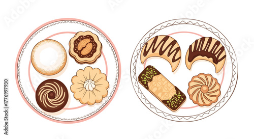 Assortment of Delicious Sweet Cookies and Biscuits on Plates Baked Goods Collection