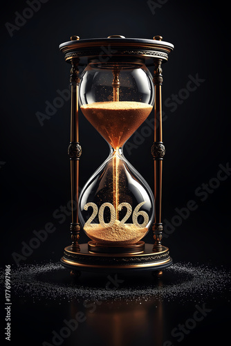 Passing into New Year 2026. New Year 2026 concept with hourglass falling sand taking the shape of a 2026
