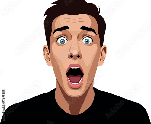 Man Face Surprised Blue Eyes Open Mouth Black Shirt Vector Art
