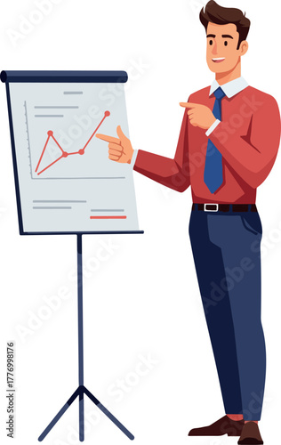 Man Giving Presentation Pointing at Graph on Flip Chart with Blue Tie