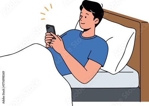 Man In Blue Shirt Checks Phone Lying In Bed With White Blanket