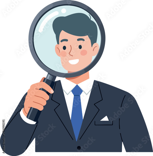 Man In Blue Suit Inspecting With Magnifying Glass Flat Design Illustration