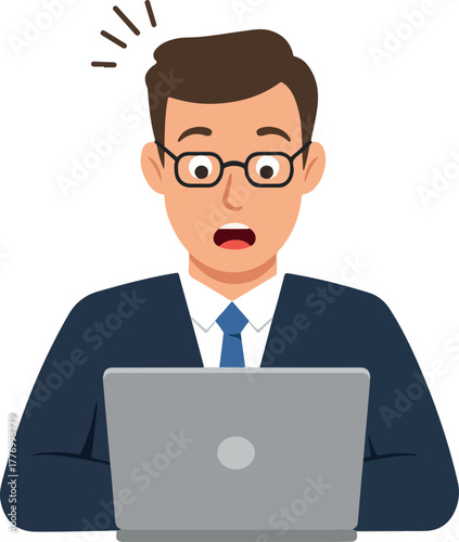 Man In Suit Surprised By Laptop Screen Flat Illustration