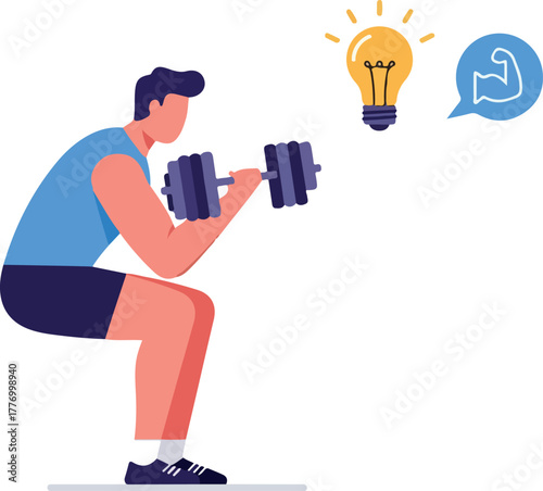 Man Lifting Dumbbell In Blue Tank Top Idea Bulb And Muscle Icon