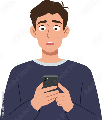 Man Looking At Smartphone With Shocked Expression Flat Design