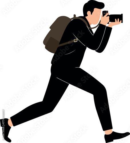 Man Photographer Black Suit Backpack Capturing Image Camera