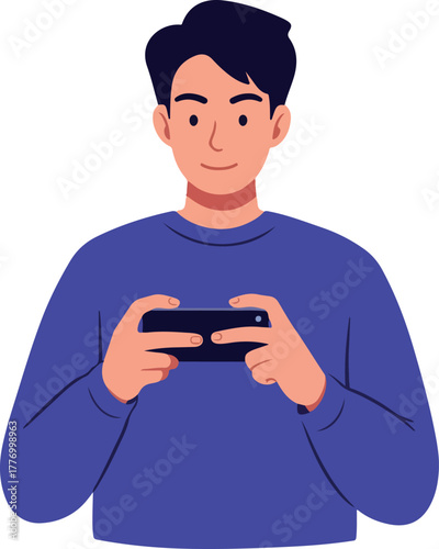 Man Playing Mobile Game Flat Design With Purple Sweater and Blue Background