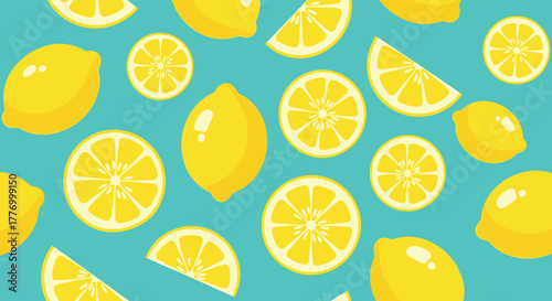 A vibrant, seamless pattern featuring bright yellow lemons and lemon slices on a teal blue background.