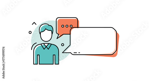 Stylized illustration of a person with speech bubbles indicating communication or ideas.