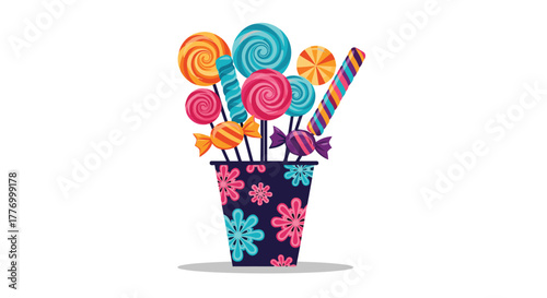 A colorful bouquet of lollipops and candies in a patterned cup, perfect for festive occasions.