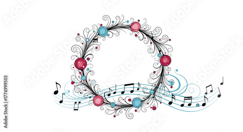 Ornate circular frame with musical notes and decorative ornaments.