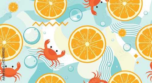 Seamless pattern with oranges, crabs, and bubbles on a light blue wavy background.