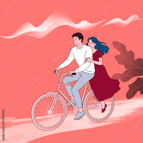 A joyful couple shares a bicycle ride, capturing the essence of love, playfulness, and connection within a bright and vibrant environment full of life.