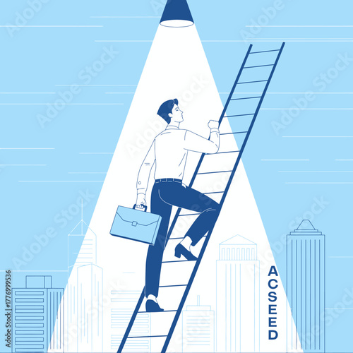 A determined businessman ascends a ladder with a briefcase, symbolizing career progression and ambition in a modern, urban setting under bright lighting.