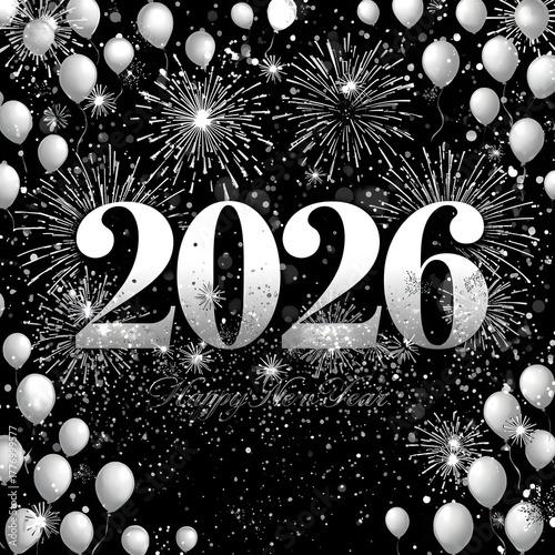 Bold 2026 Happy New Year Typography with Balloons, Fireworks, and Stars