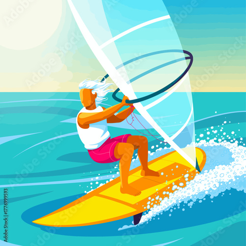 A vibrant scene of a young woman windsurfing with graceful movements against a clear turquoise backdrop, encapsulating the thrill and joy of the sport.