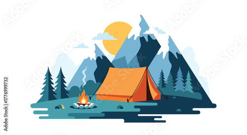 An orange tent is set up by a campfire in a mountain landscape with trees and a bright sun.