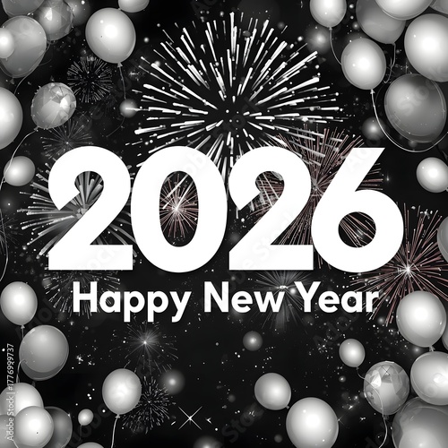 Bold 2026 Happy New Year Typography with Balloons, Fireworks, and Stars