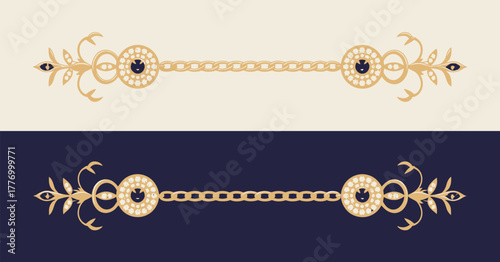 Vintage Jewelry Border Line Vector Set,  Elegant dividers made of gold and silver beads, blue rhinestones, gems, and chains on white and dark blue backgrounds.