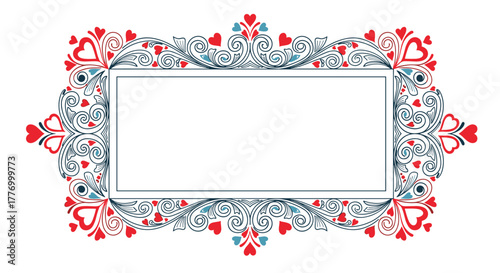 Ornate rectangular frame with heart motifs in red and blue.