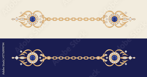 Jewelry Chain and Gem Border Vector Illustration – Classic divider lines featuring gold, silver beads, and blue gemstones for luxury design, fashion branding, and elegant decor.