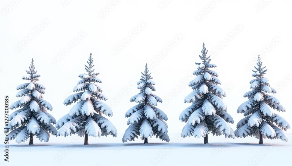 Fototapeta premium Row of slender, snow-laden trees against a bright, seamless white backdrop , minimalist, background, backdrop