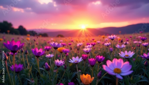 Sunset paints violet and pink hues across blooming wildflowers in a serene meadow , clouds, vibrant