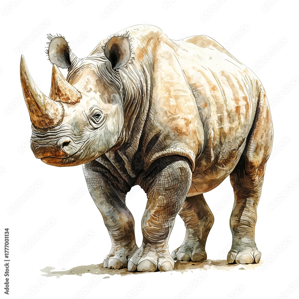 Fototapeta premium Watercolor Rhinoceros Standing — Generative AI Illustration