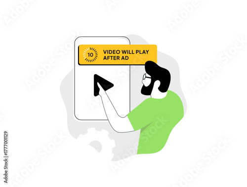 Pre-roll video ads with unskippable ad countdown timers. Targeted non-skippable content delivery, performance analytics for optimized ROI in mobile marketing and digital platforms vector illustration