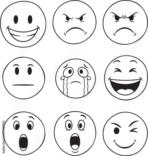 Nine Outline Emoticons Showing Different Emotions emoji