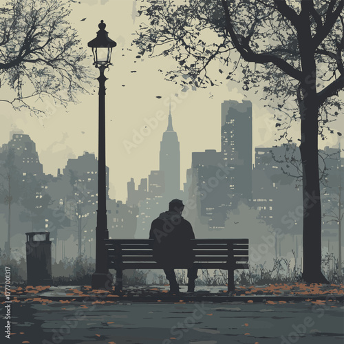 Despondent young man sits alone on a park bench, head bowed in sadness, against a muted cityscape backdrop, conveying feelings of loneliness and isolation