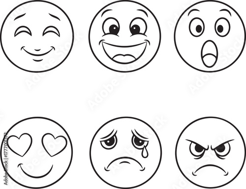 Six Cartoon Emoticon Faces Expressing Different Emotions