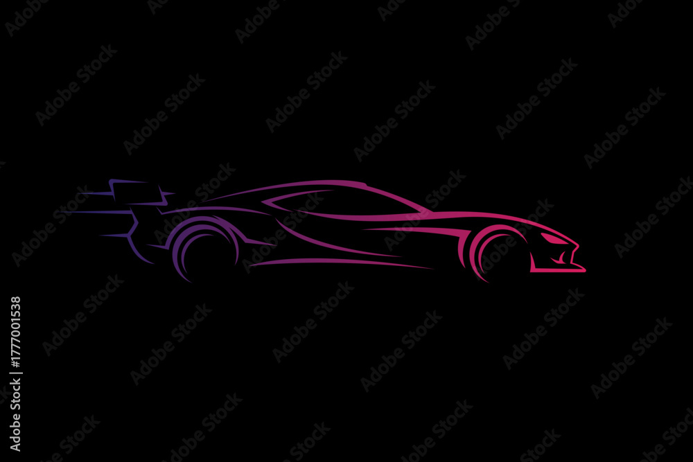 Naklejka premium Sleek Sports Car Silhouette with Neon Purple and Pink Lighting on a Black Background - Futuristic Vehicle Design