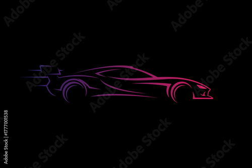 Sleek Sports Car Silhouette with Neon Purple and Pink Lighting on a Black Background - Futuristic Vehicle Design