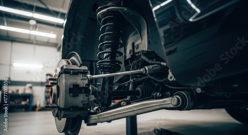 Close-up of a car's undercarriage suspension system