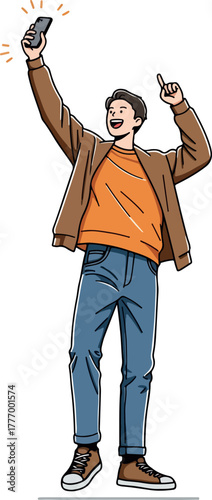 Man Taking Selfie With Phone Outdoors Casual Outfit Warm Colors