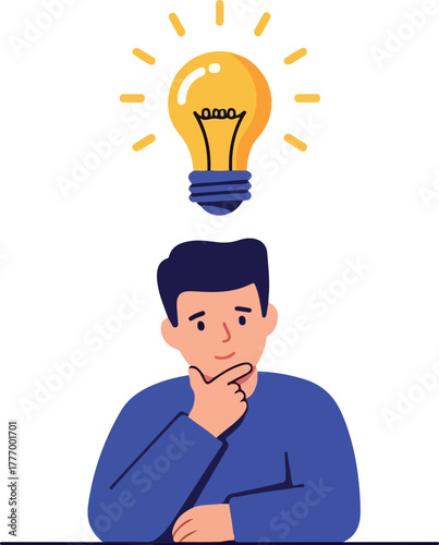Man Thinking With Glowing Light Bulb Idea Concept Flat Design Illustration
