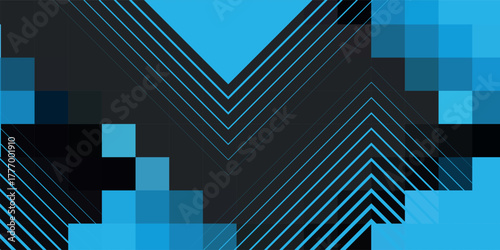Abstract blue and black geometric background with pixelated patterns and chevron lines.