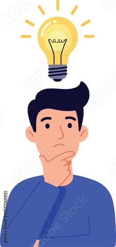 Man With Light Bulb Over Head Thinking Hard About Idea