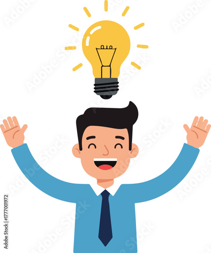 Man With Light Bulb Idea Shining Bright Blue Shirt Tie