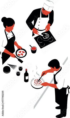 Minimalist Chefs Cooking Food Illustration White Isolated Background
