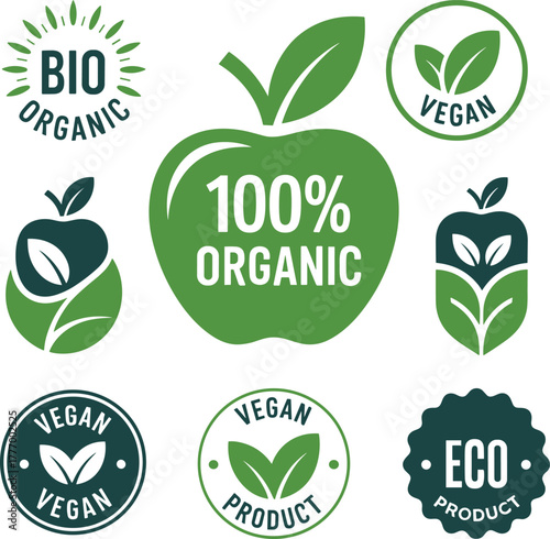 Collection of green bio organic and vegan product certification logos vector