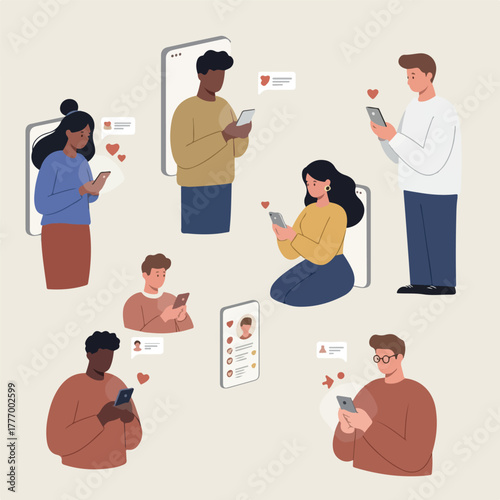 Modern People Using Smartphones Scrolling Social Media With Likes