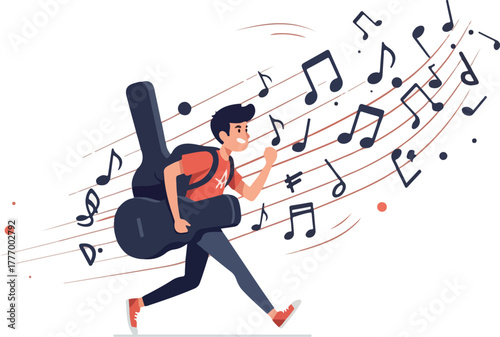 Musician Running with Guitar Case and Musical Notes