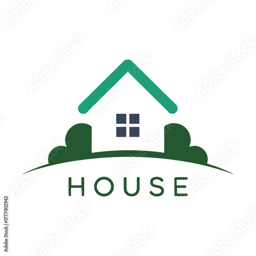 Green house icon with dark blue windows and green bushes home real estate