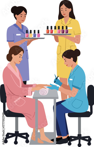 Nail Salon Scene with Manicurists Applying Polish to Client