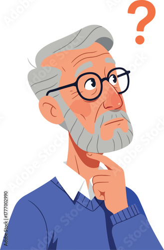 Old Man Thinking with Question Mark Flat Design Minimal Illustration