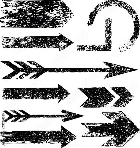 Set of textured grunge arrows with brush stroke details, hand-drawn direction icons in abstract rough style, ideal for navigation, industrial layout, and creative vector design use