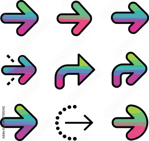 Set of nine colorful gradient arrows and directional icons right