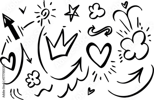Playful doodle vector collection featuring hearts, crowns, arrows, and stars in sketchy style, creative hand-drawn design elements for cute, decorative, and artistic composition themes